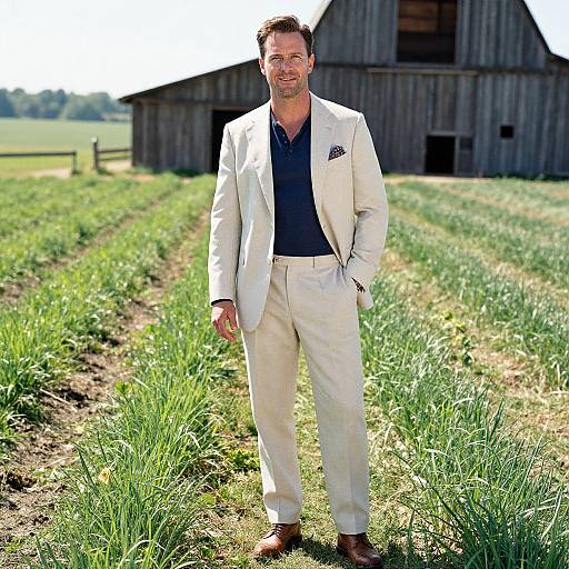 Photograph of a smiling man in a white suit, dark shirt, and pocket square, standing in a sunlit, grassy field with a wooden