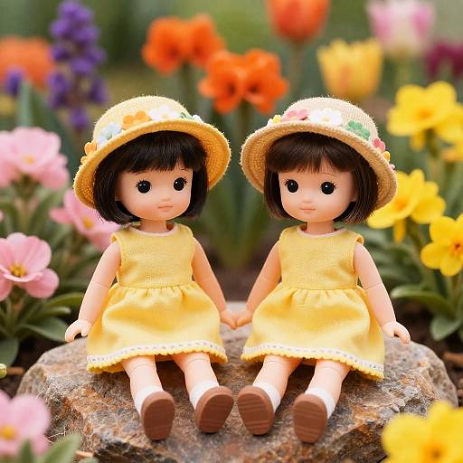 Identical Dolls in a Colorful Garden