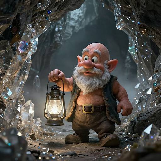 CGI fantasy image of a bald, bearded goblin with large ears, wearing brown pants and a vest, holding a lantern in a crystal-filled