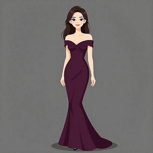 Digital drawing of a fair-skinned woman with long black hair, wearing an off-shoulder, form-fitting, dark purple evening gown, standing