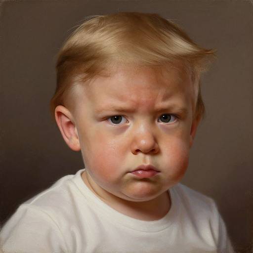 Photograph of a pouting, blonde-haired toddler with blue eyes, wearing a white shirt, against a dark brown background.