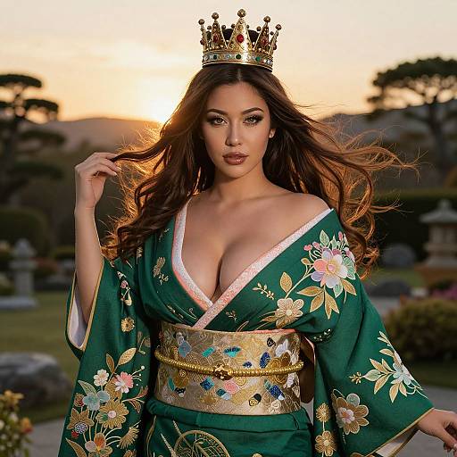 Photograph of a beautiful woman with long brown hair, wearing a green floral kimono, gold obi, and a gold crown, standing in a