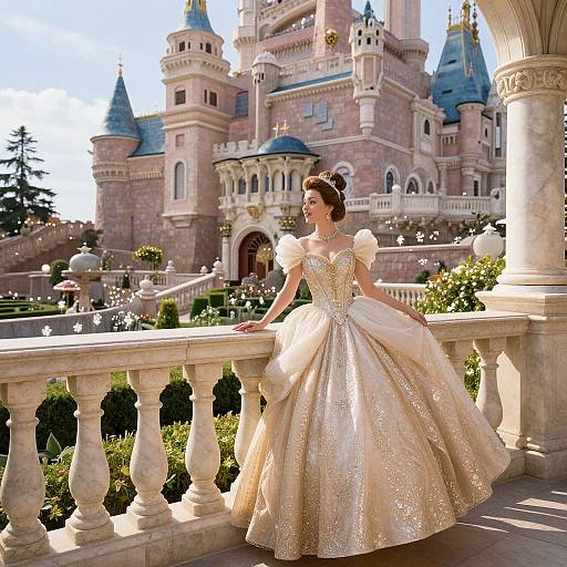 Photograph of a fair-skinned woman in a shimmering, golden ball gown with puffed sleeves, standing on a marble balcony, in front of