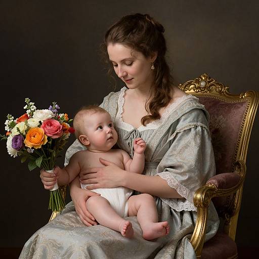 Elegant Mother with Infant and Flowers