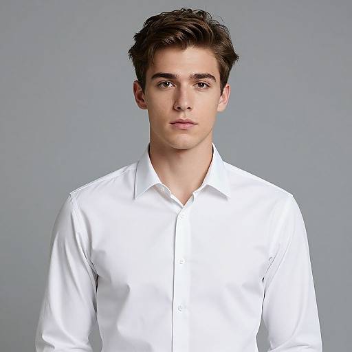 Photograph of a young Caucasian man with short, dark brown hair, wearing a crisp white button-up shirt, against a plain gray background.
