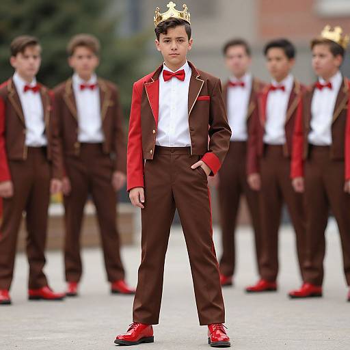Photograph of a young boy in a brown tuxedo with red accents, red bow tie, white shirt, gold crown, and red shoes,