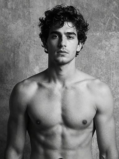 Black-and-white photograph of a shirtless, young, muscular man with curly hair, defined abs, and a serious expression, against a textured gray background