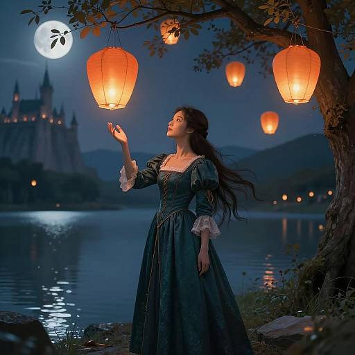 Serene Heroine by the Moonlit Lake