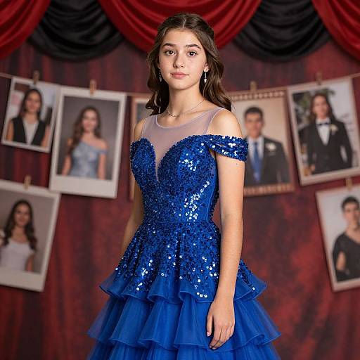 Photograph of a young woman with fair skin and dark brown hair, wearing an off-shoulder, blue sequined and layered dress, standing in