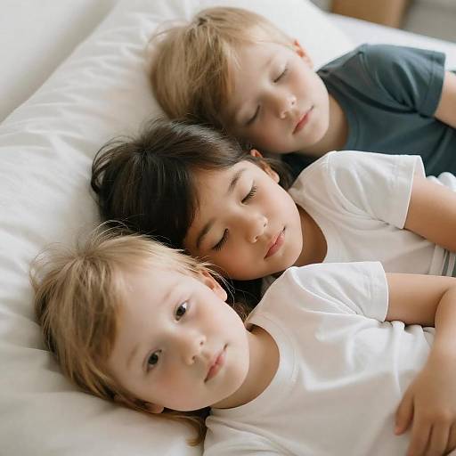 Three Children Lying Together on White Pillows