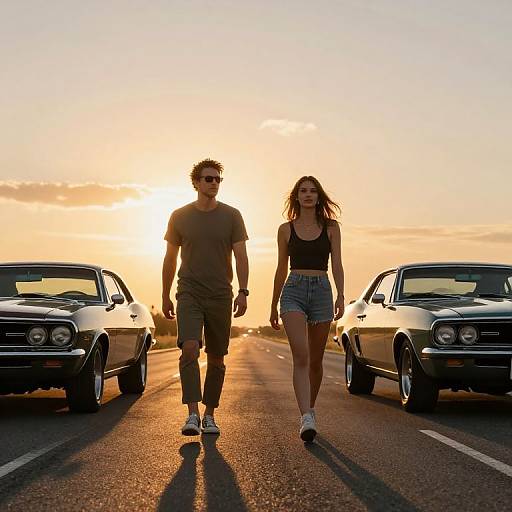 Photograph of a sunlit highway at sunset, featuring a man in a gray t-shirt and khaki pants, and a woman in a black tank