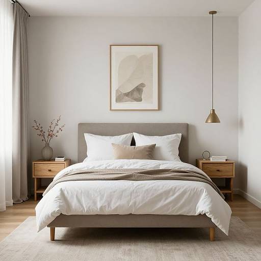 Modern bedroom photograph: Gray upholstered bed with white and beige pillows, wooden nightstands, vase with branches, framed abstract art, pendant light, and