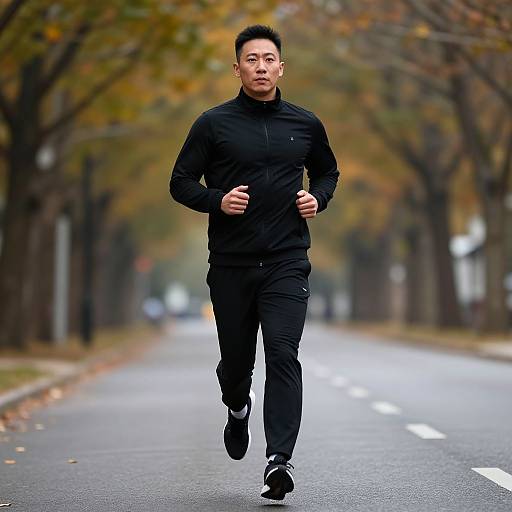 Photograph of a young Asian man jogging on a tree-lined, autumnal street in black athletic gear, with focused expression.