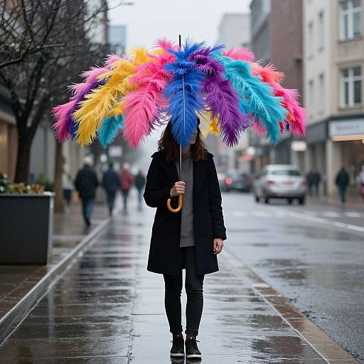 Photograph of a person in a black coat and pants, holding a colorful, feathered umbrella, standing on a wet, rainy urban street.