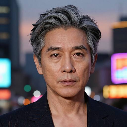 Photograph of an Asian man with gray, slightly tousled hair, wearing a black jacket, against a blurred cityscape at dusk with colorful neon lights