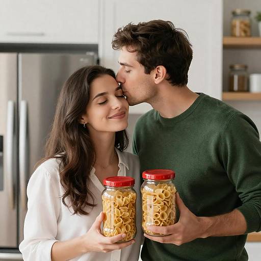 Couple Holding Jars of Pasta in Kitchen
