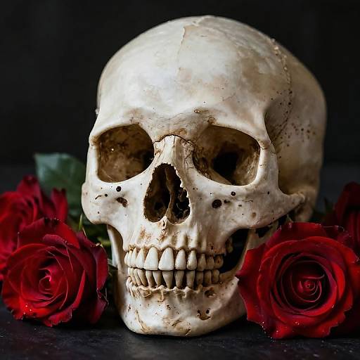 Photograph of a white, weathered skull with dark eye sockets and nose cavity, surrounded by vibrant red roses, set against a dark background.