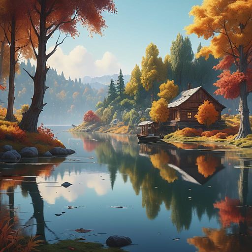 Autumn Cabin by Lake with Canoe