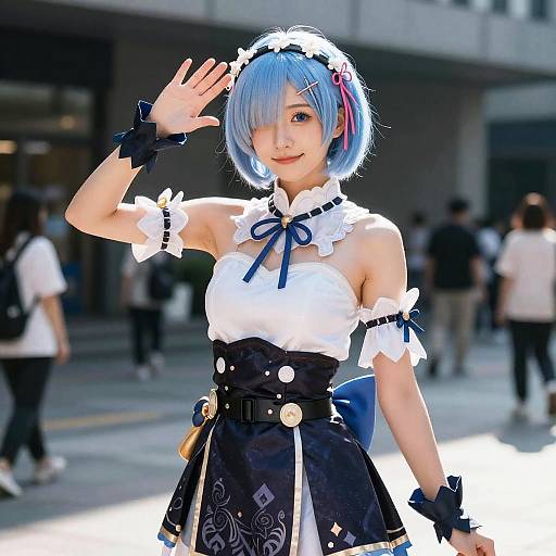 Photograph of an anime-style cosplayer with blue bob hair, white and black maid outfit, waving, in a busy urban street.