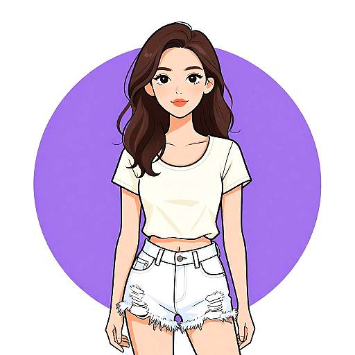 Digital illustration of a young woman with long brown hair, wearing a white crop top and frayed white shorts, standing against a purple circle background.