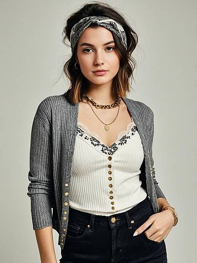 Casual Chic Woman with Gray Cardigan and Bandana