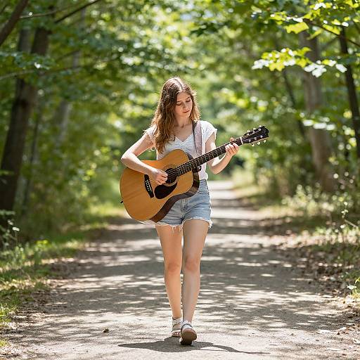 Young woman with long brown hair playing acoustic guitar on sunlit, leafy forest path, wearing white shirt and denim shorts.