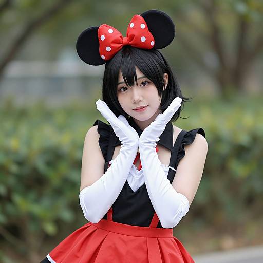 Photograph of an Asian woman in Minnie Mouse cosplay with black hair, red bow, white gloves, black top, red skirt, and headpiece
