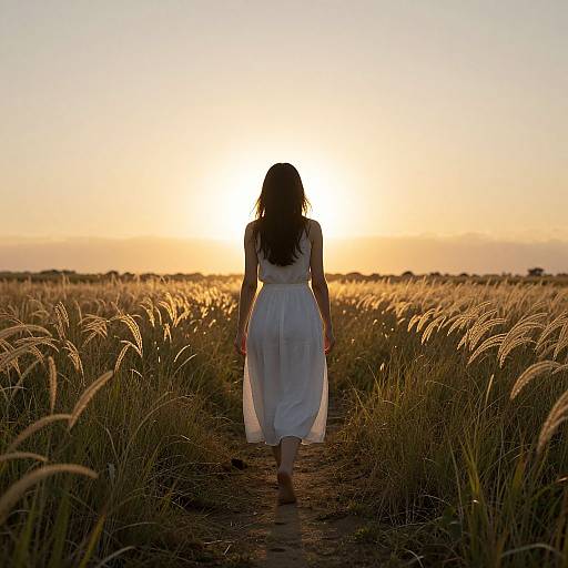 Photograph of a woman with long dark hair in a white sundress walking away from the camera through a golden wheat field at sunset, backlit by