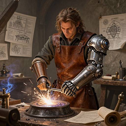 A medieval blacksmith with cybernetic arm sparks a furnace in a dim, cluttered workshop, surrounded by blueprints and tools. Photorealistic