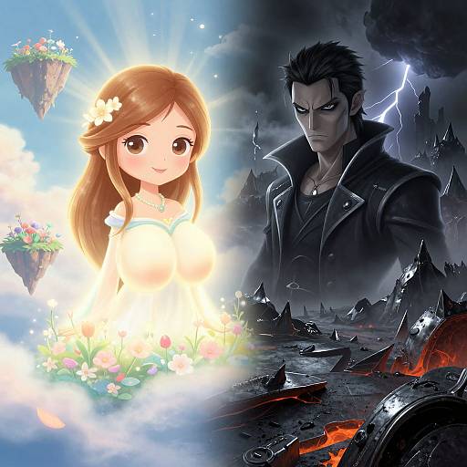 Digital artwork: Bright, glowing anime girl with flowers contrasts dark, stormy scene of brooding, muscular man in black coat, with lightning and ruined