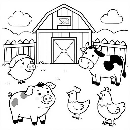 Black-and-white cartoon drawing of a farm: two pigs, one black-and-white cow, two chickens, and a barn with a fence and clouds.
