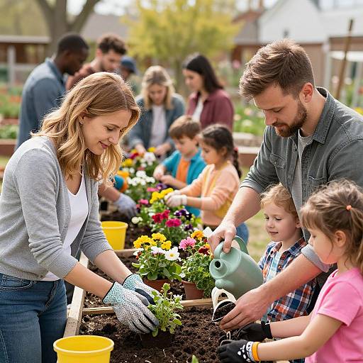 Photograph of a diverse family planting colorful flowers in a community garden, with children and adults wearing casual clothes and gloves.