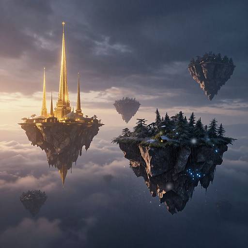Fantastical CGI of floating islands with towering golden spires, one reflecting in clouds, surrounded by smaller rocky islands at sunset.