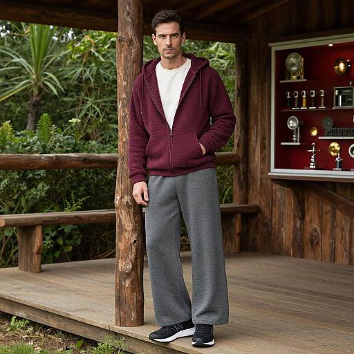 Photograph of a man with short dark hair, beard, wearing a maroon hoodie, white shirt, gray pants, and black sneakers, standing on