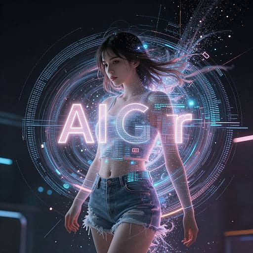 Digital art of a young Asian woman in a neon-lit futuristic scene, wearing a crop top and frayed denim shorts, with glowing 