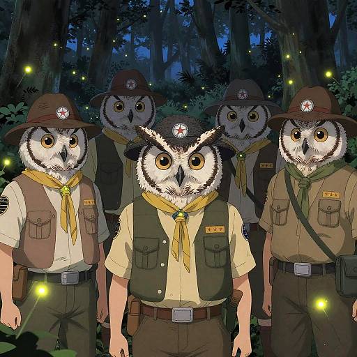 Digital illustration of five anthropomorphic owls in scout uniforms, standing in a dark forest with glowing fireflies, wearing brown hats and yellow neckerchie