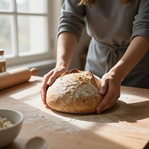 Photograph of a person's hands shaping a crusty loaf of bread on a sunlit wooden table in a cozy kitchen.