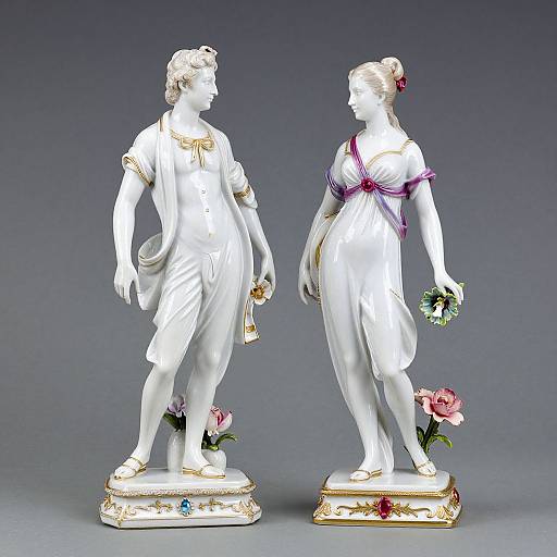 Photograph of two white marble statues of classical figures, a man in a toga holding a scroll and a woman in a draped dress with flowers,