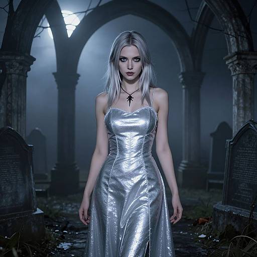 Photograph of a pale, blonde woman in a shiny, silver dress, standing in a dark, Gothic cemetery with arched pillars and tombstones,