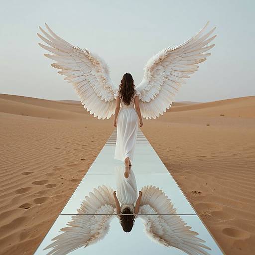 Photograph of a woman with white angel wings and dress, walking away on a reflective mirror path through a desert.