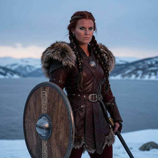 Photograph of a fierce, red-haired woman in a fur-trimmed, brown leather Viking outfit, holding a wooden shield and sword, standing in