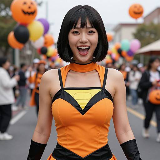 Photograph of an Asian woman with a black bob haircut, wearing an orange Halloween costume, smiling brightly at a festive parade with orange balloons and jack-o