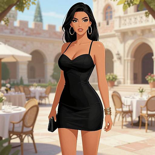 Digital illustration of a curvy woman with tan skin, black hair, and hoop earrings, wearing a tight black dress, holding a black clutch, standing