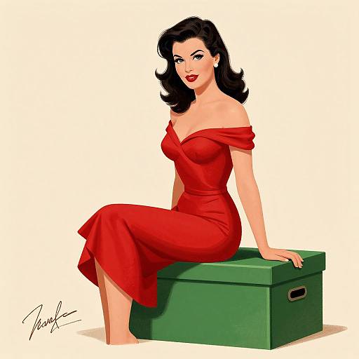 Digital illustration of a smiling woman with black hair, red off-shoulder dress, sitting on a green box, signature in corner.