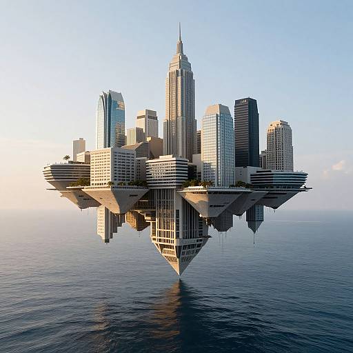 Digital rendering of a futuristic cityscape floating above a calm ocean, featuring sleek skyscrapers and modern architecture under a clear blue sky.