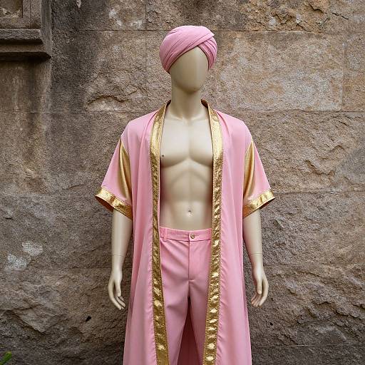 Photograph of a faceless mannequin wearing pink and gold traditional outfit with an open robe, pink turban, and stone wall background.
