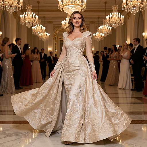 Photograph of a smiling woman in a gold, floral-embroidered, long-sleeved ball gown with a V-neck, walking down a