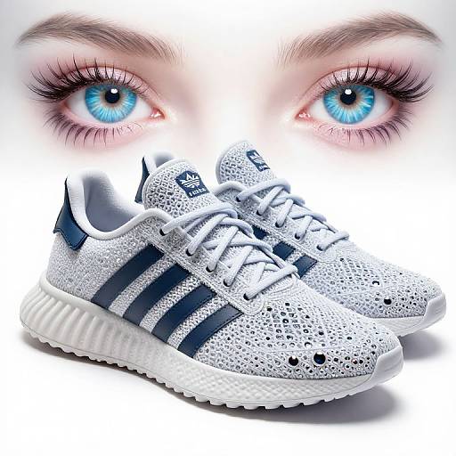 Photograph of white perforated Adidas sneakers with blue stripes, positioned below intense blue eyes with pink eyeshadow and long lashes.
