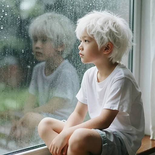 Photograph of a young boy with white hair, sitting by a rain-speckled window, wearing a white t-shirt and gray shorts, gazing
