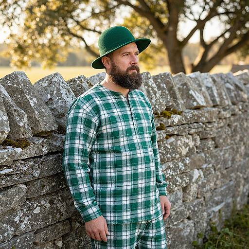 Bearded Man in Plaid Countryside Scene